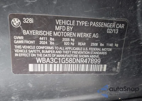 2013 BMW 328I from USA, damaged, VIN WBA3C1G58DNR47899